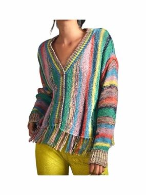 RARE Pilcro Multicolor Striped Fringe Button-Front Cardigan Small NWOT